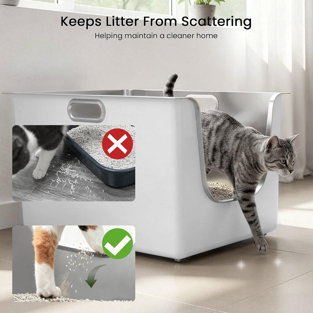 Stainless Steel Litter Box 13.7" High-Side for Big & Multi-Cats Home，White