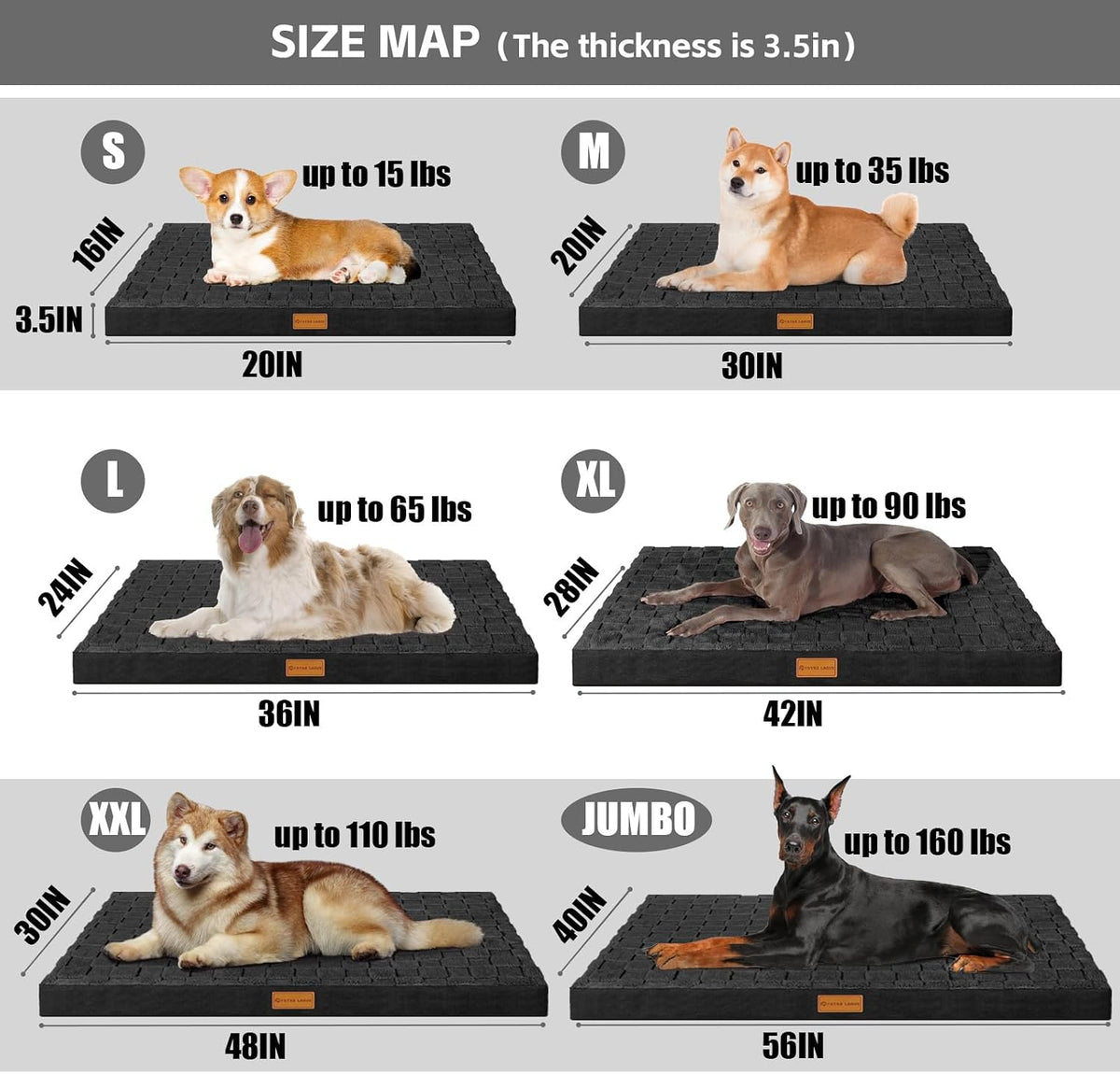 Patas Lague Orthopedic Large Dog Bed Washable Pet Crate Mat 56''X40'' Black