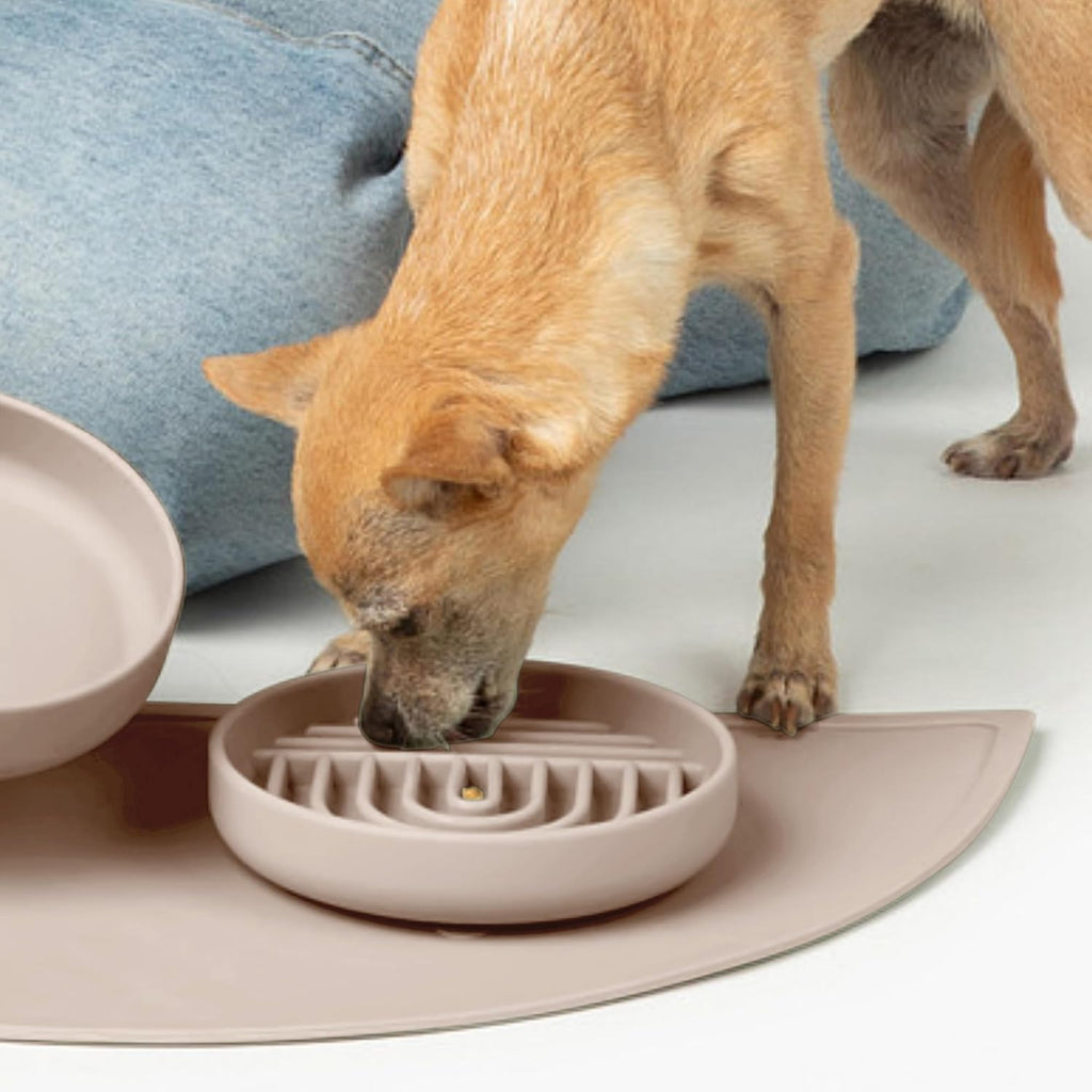 Slow Feeder Dog Bowl - Silicone Dog Bowl, Small, 6" x 1.25" - Tan