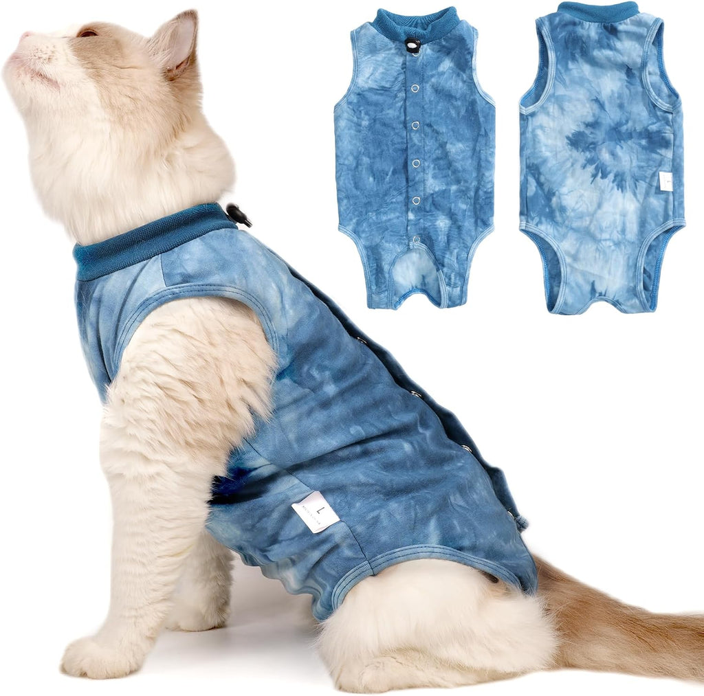 Cat Recovery Suit for Male and Female Surgical Post Surgery Soft Cone Onesie Tie Dye Cats Shirt Clothes Neuter Licking Protective Diapers Outfit Cover Kitten Spay Collar Alternative(Navy Blue, M)