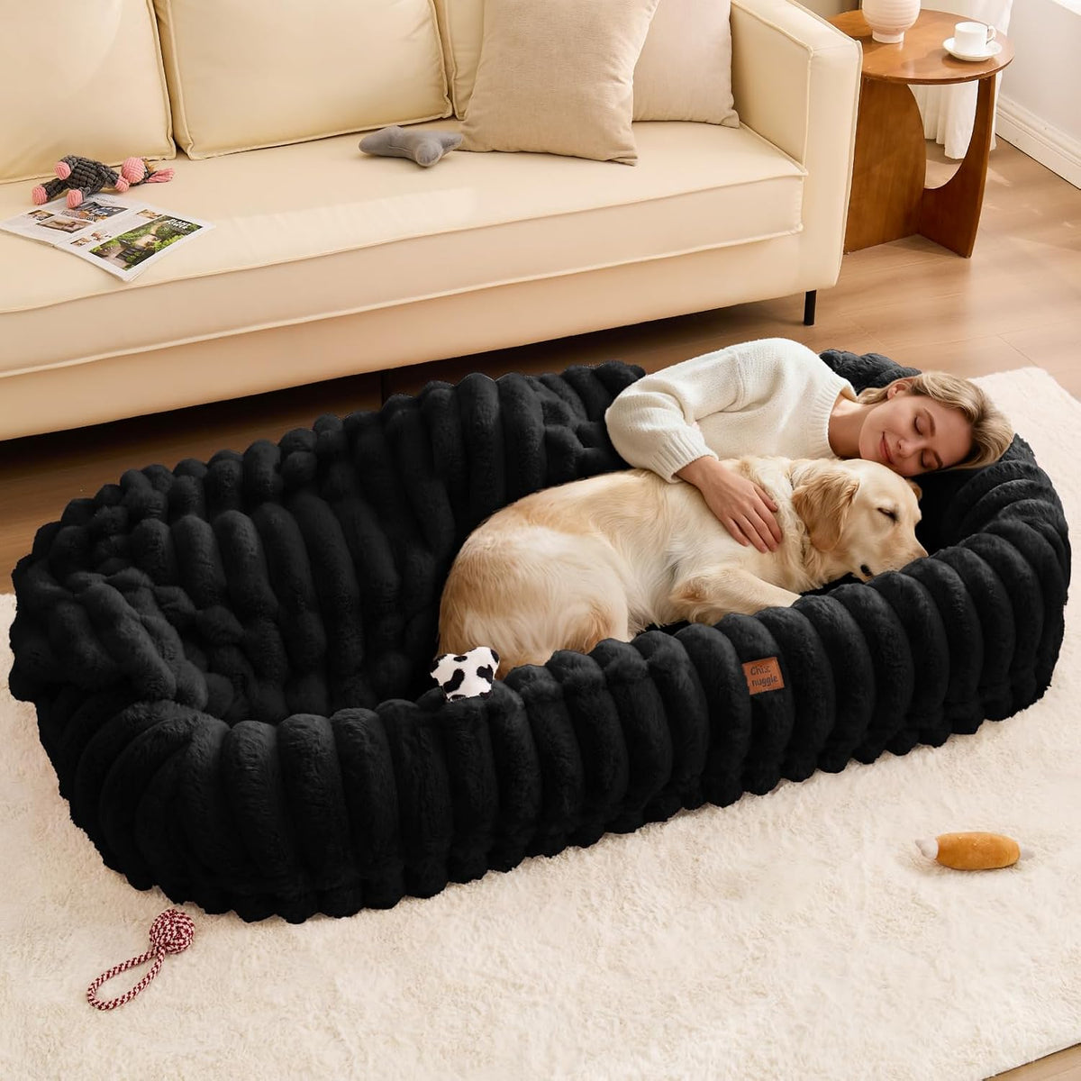 ChiXnuggle Orthopedic Human Dog Bed,Striped Faux Fur Washable Cover,Blanket