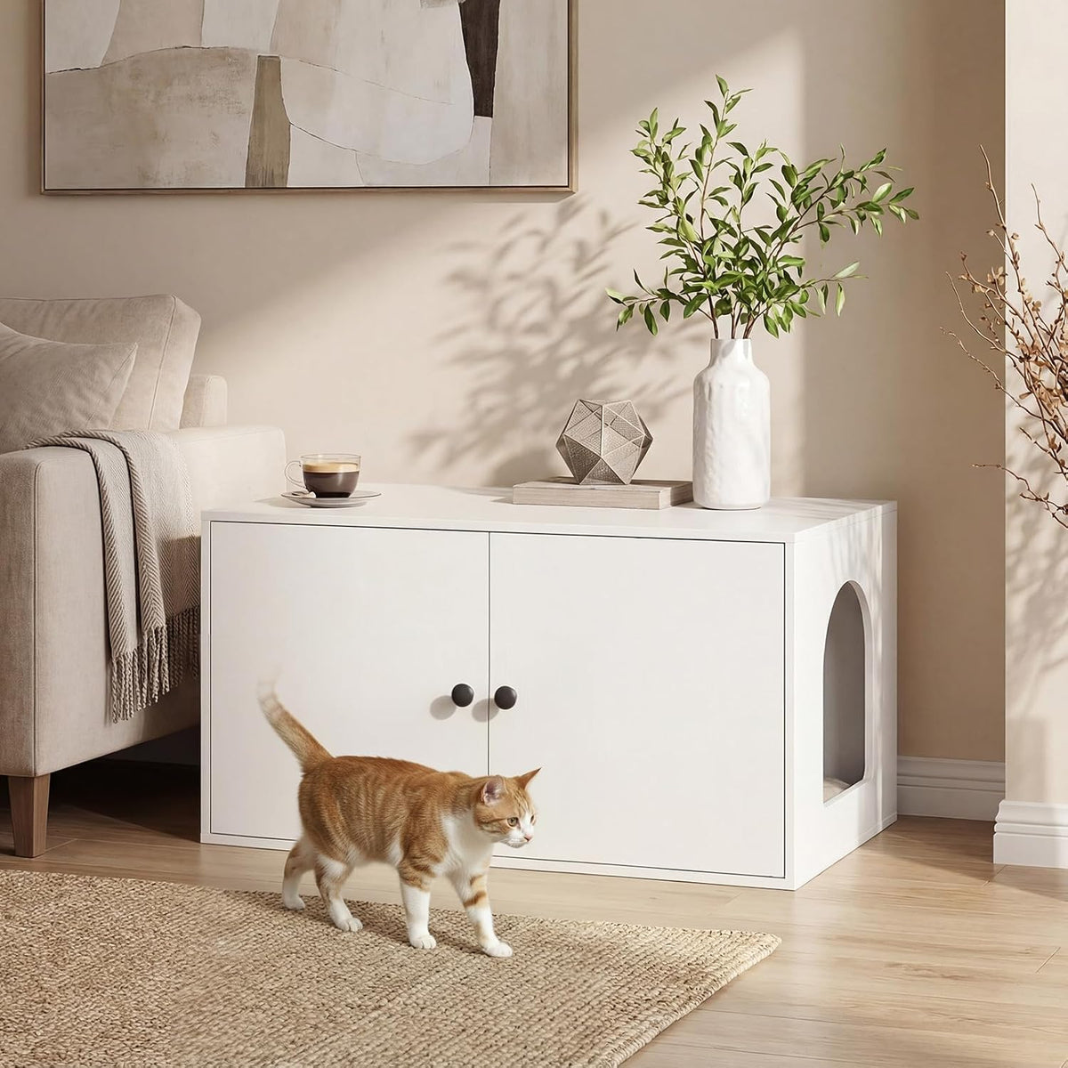 HOOBRO Cat Litter Box Enclosure, Hidden Litter Box Furniture with Side Entry, Litter Box Cabinet, Indoor Cat House, End Side Table, 31.5"L x 17.7"W x 16.3"H, for Living Room, Bathroom, White WT40MW01