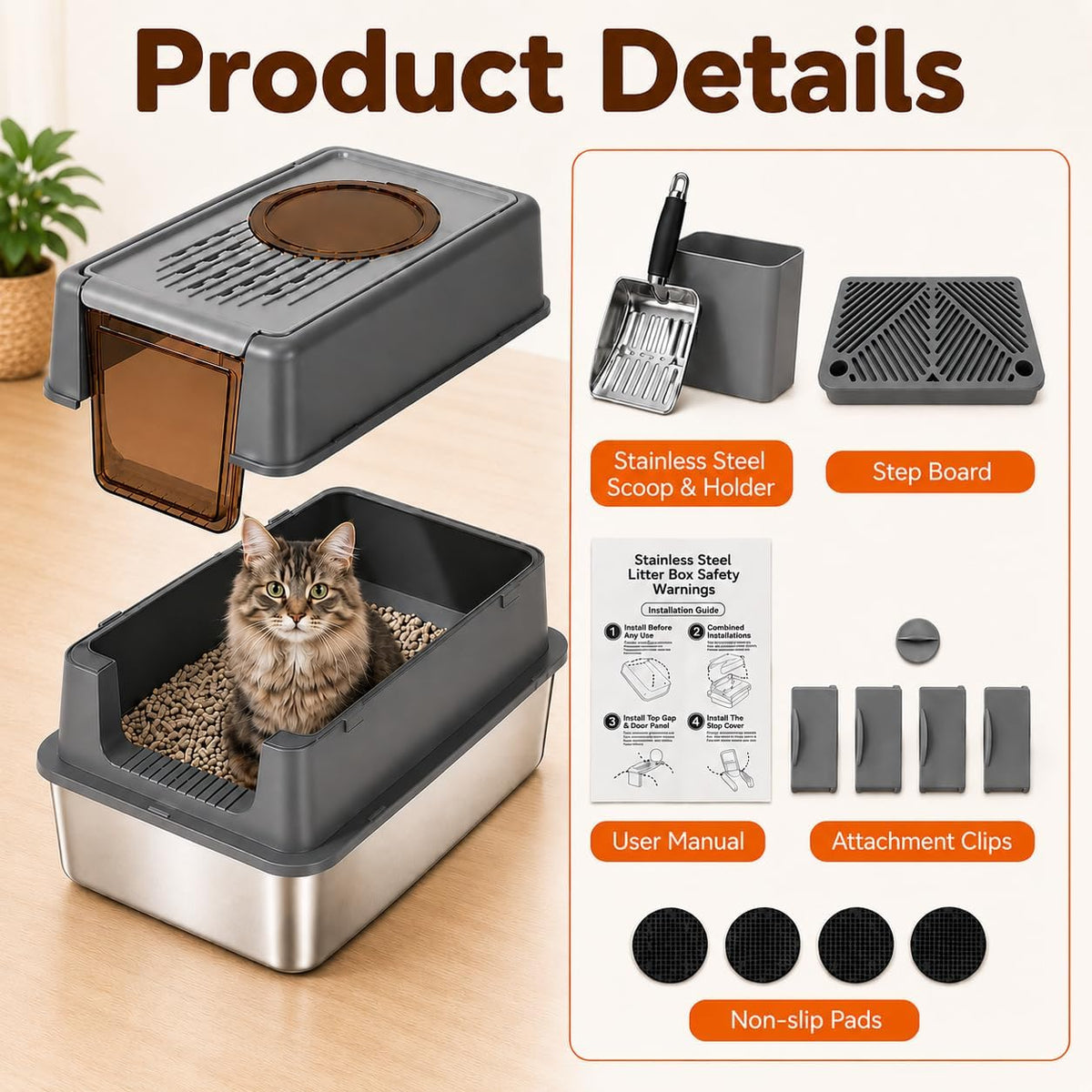 Stainless Steel Cat Litter Box with Lid, XL Enclosed Covered Litter Box for Large Cats, Front Entry Top Exit, High Sided Metal Litter Box, Odor Control, Leak Proof, Scoop & Pedal Included
