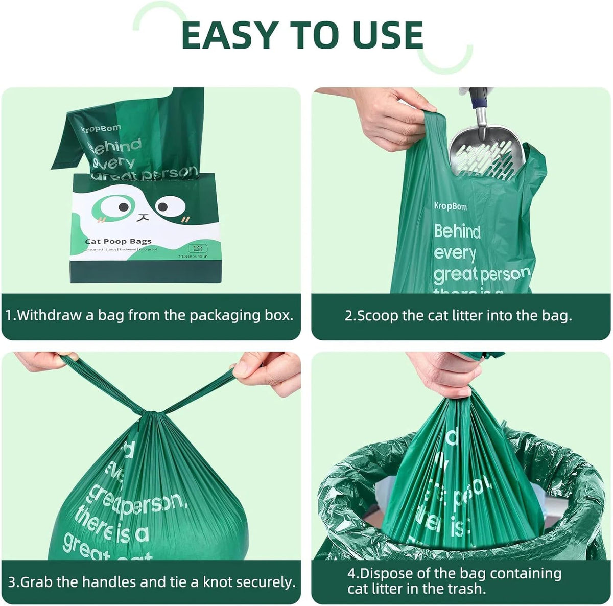 125 Count Cat Poop Bags with Handles, Disposable Litter Bags for Pet Poop, Extra-Thick Kitty Cat Waste Bags Easy Tie Leak-Proof Strengthen Unscented (Made of 70% Recycled Plastic)