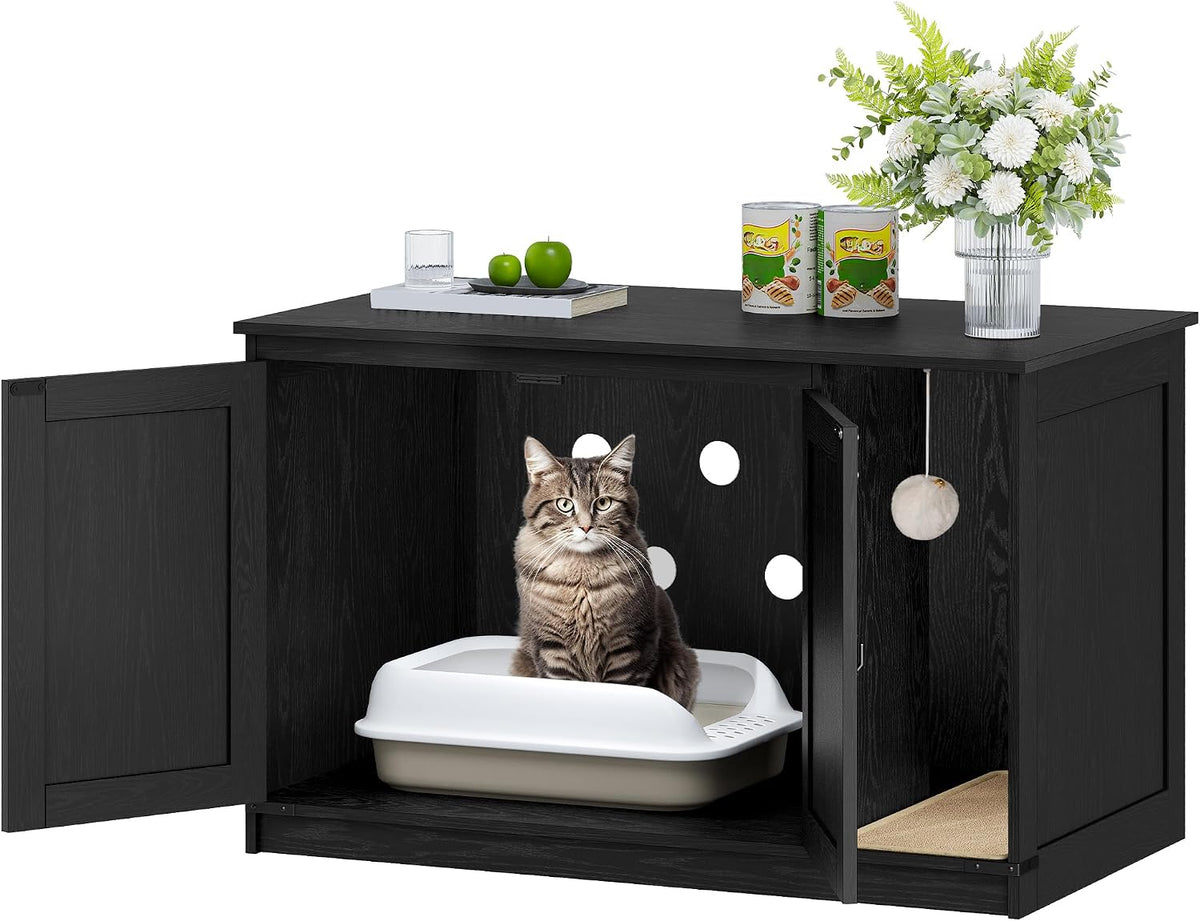 Hzuaneri Cat Litter Box Enclosure, Hidden Litter Box Cabinet Furniture | Indoor Cat House with Bell, Farmhouse Style, 31.5 x 19.7 x 20.9 Inches, for Hallway, Bedroom, Black CB85204X