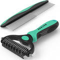 Docrok Pet Grooming Brush and Metal Comb Combo for Dogs & Cats, Green | Dematting Deshedding Undercoat Rake, Cat Brush Dog Brush Shedding Tool for Long Matted Haired Pets
