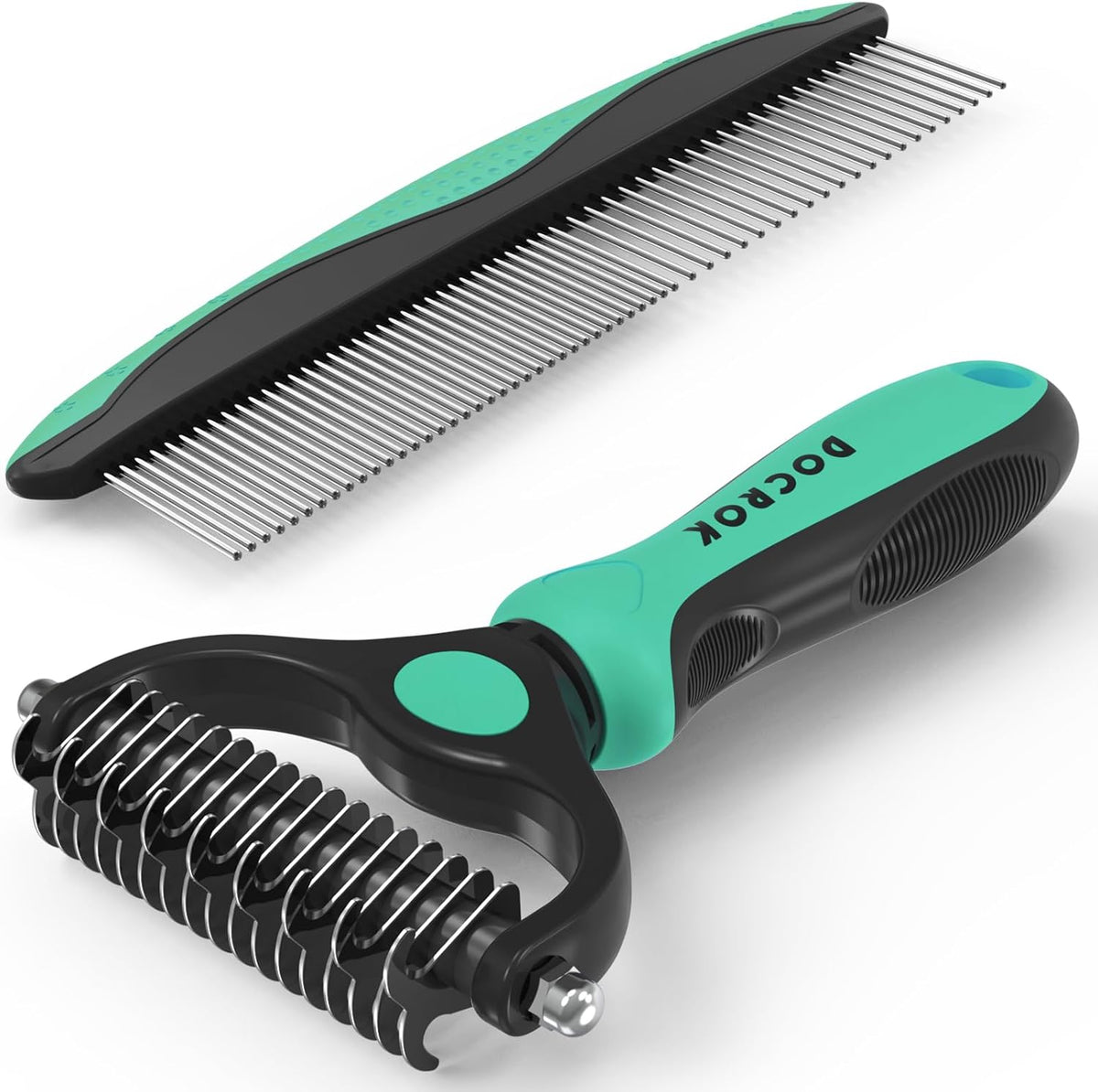 Docrok Pet Grooming Brush and Metal Comb Combo for Dogs & Cats, Green | Dematting Deshedding Undercoat Rake, Cat Brush Dog Brush Shedding Tool for Long Matted Haired Pets