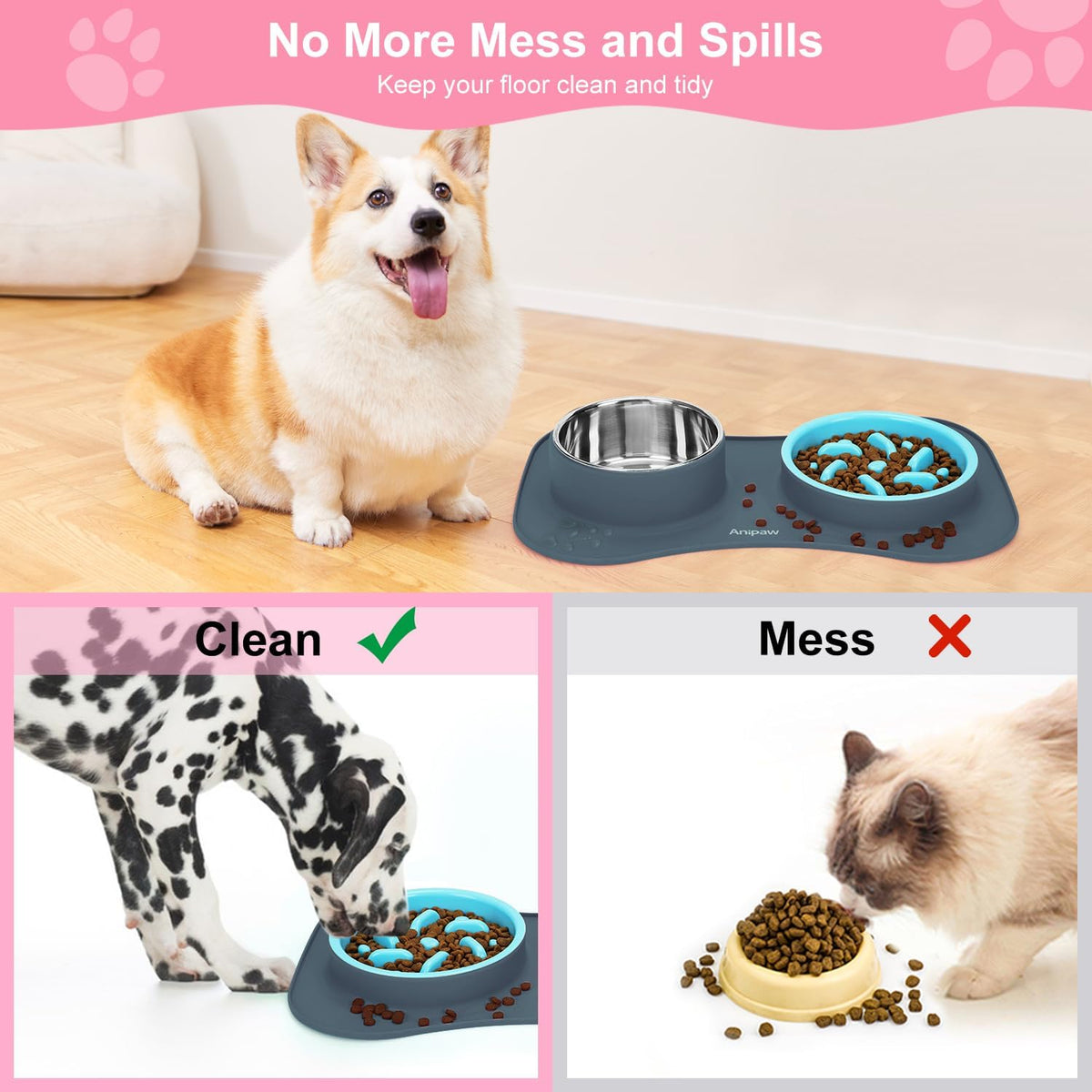 Slow Feeder Dog Bowls 3 in 1 Stainless Steel Food Water Bowl to Slow Eating | Durable, Non-spill & Non-skid with Silicone Mat Design, Slow Down Eating, Suitable for Small Medium Large Dogs and Cats