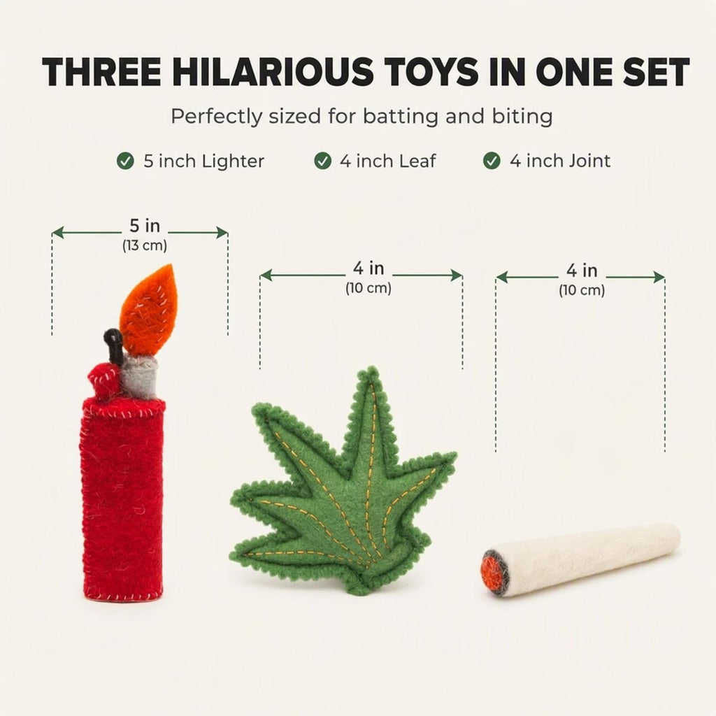 Glaciart One Catnip Joint, Leaf and Lighter Cat Toy Set, 3 Pack Handmade Wool Felt Funny Catnip Toys for Indoor Cats & Kittens, Novelty Gift for Cat Lovers