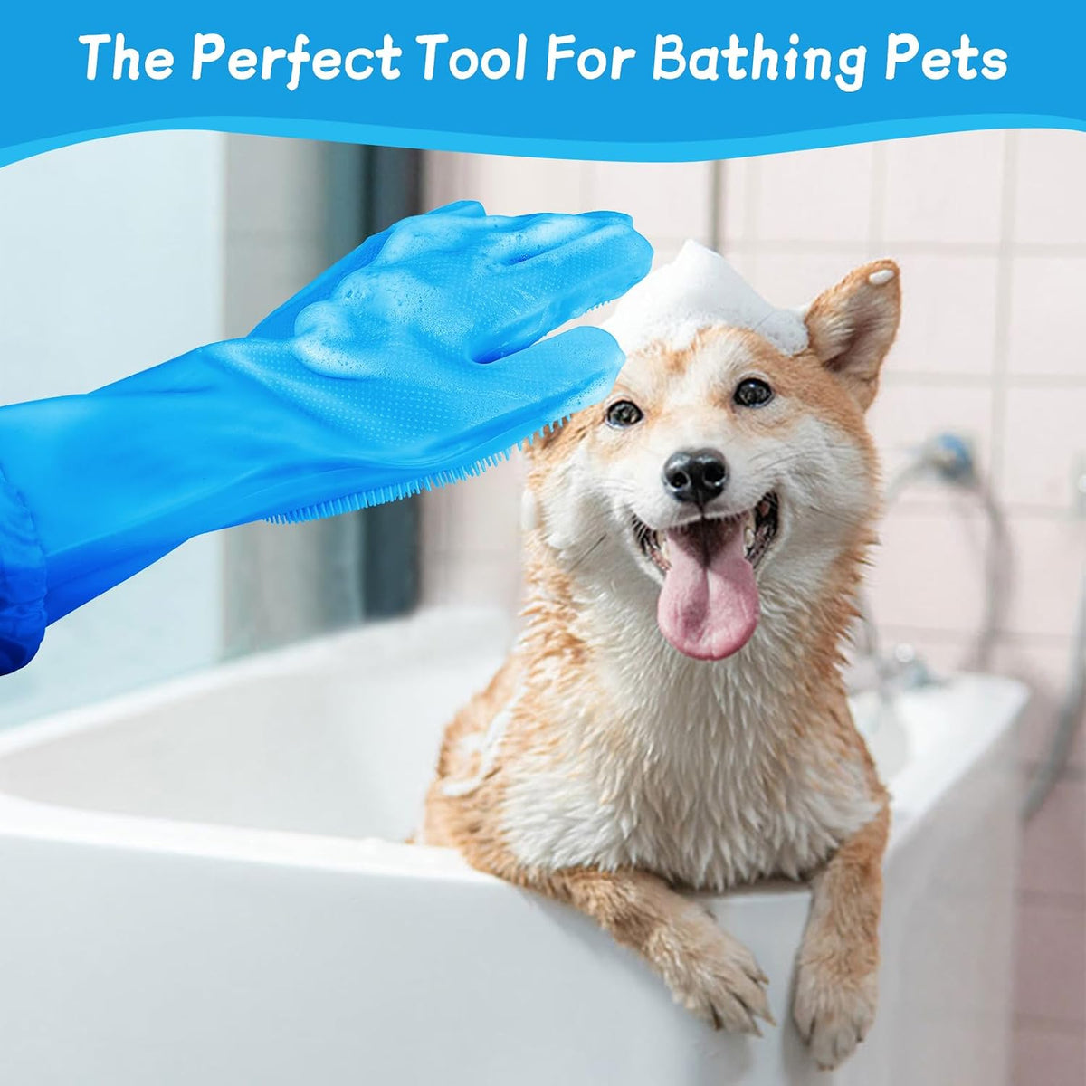 Dog & Cat Grooming Gloves – 2-in-1 Silicone Shower Gloves with Finger Toothbrush – Soft, Multifunctional Pet Hair Remover for Bathing, Massaging & Cleaning(Blue)