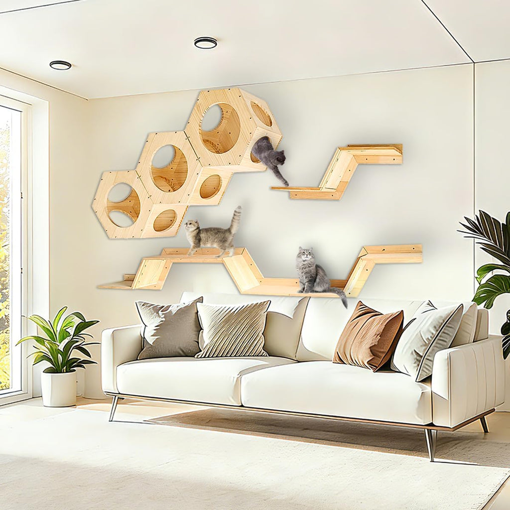 Cat Wall Shelves and Furniture Set with 3 Hexagon Shelves and 4 Z-Shaped Jump Platform (E)