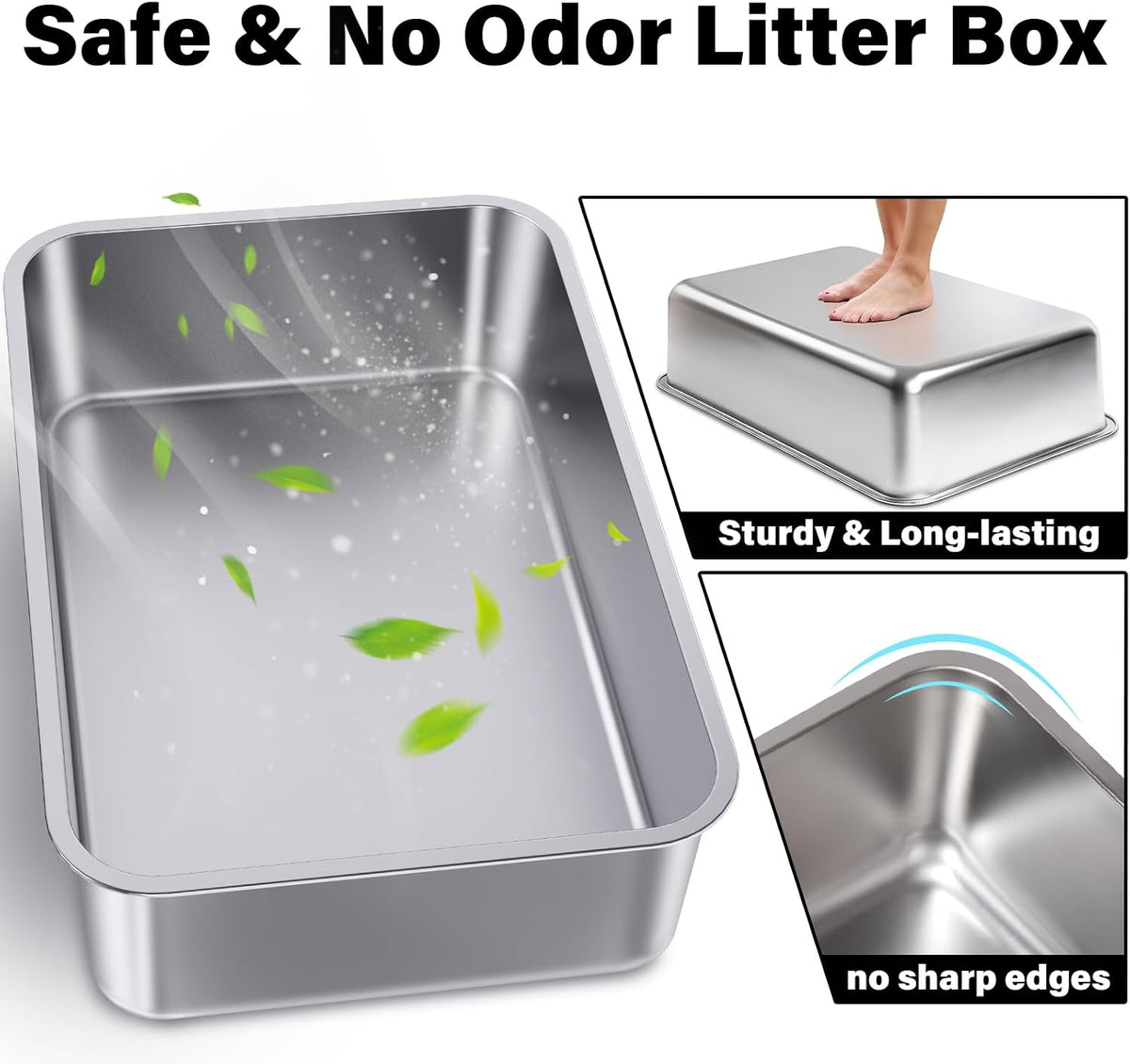 Stainless Steel Cat Litter Box,Medium Metal Litter Box 2pcs | 2 Pack Box for Cats,Easy to Clean,Indoor,Cat LitterBox for kitty/Kitten Rabbit,Litter Pan,No Smell