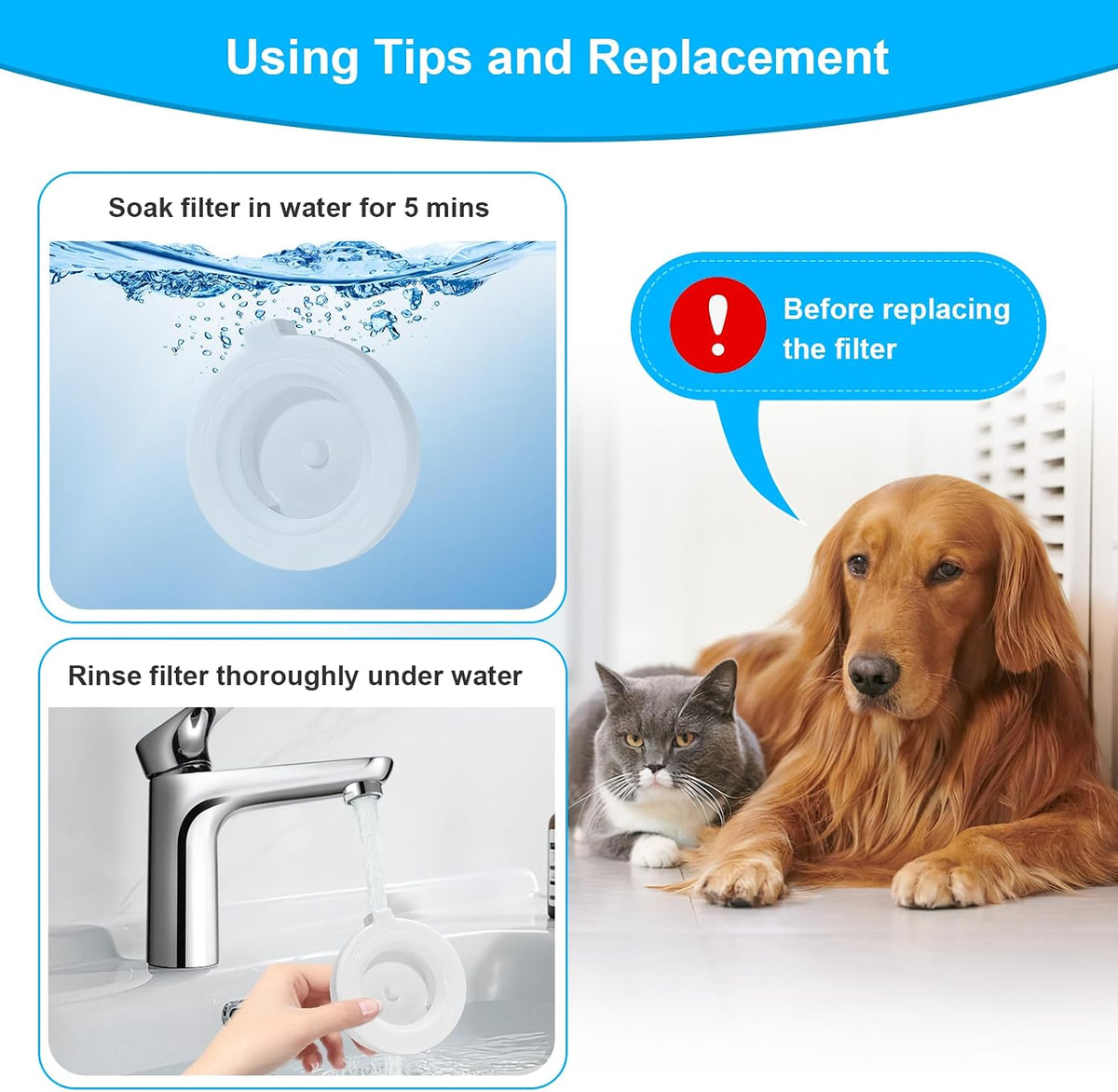8-Pack Replacement Filters for 3L/3.6L/4.6L/6L/8L Gravity Water Dispenser Replacement Filter-Triple Filtration Pet Fountain Filter, Dog Water Feeder Filter