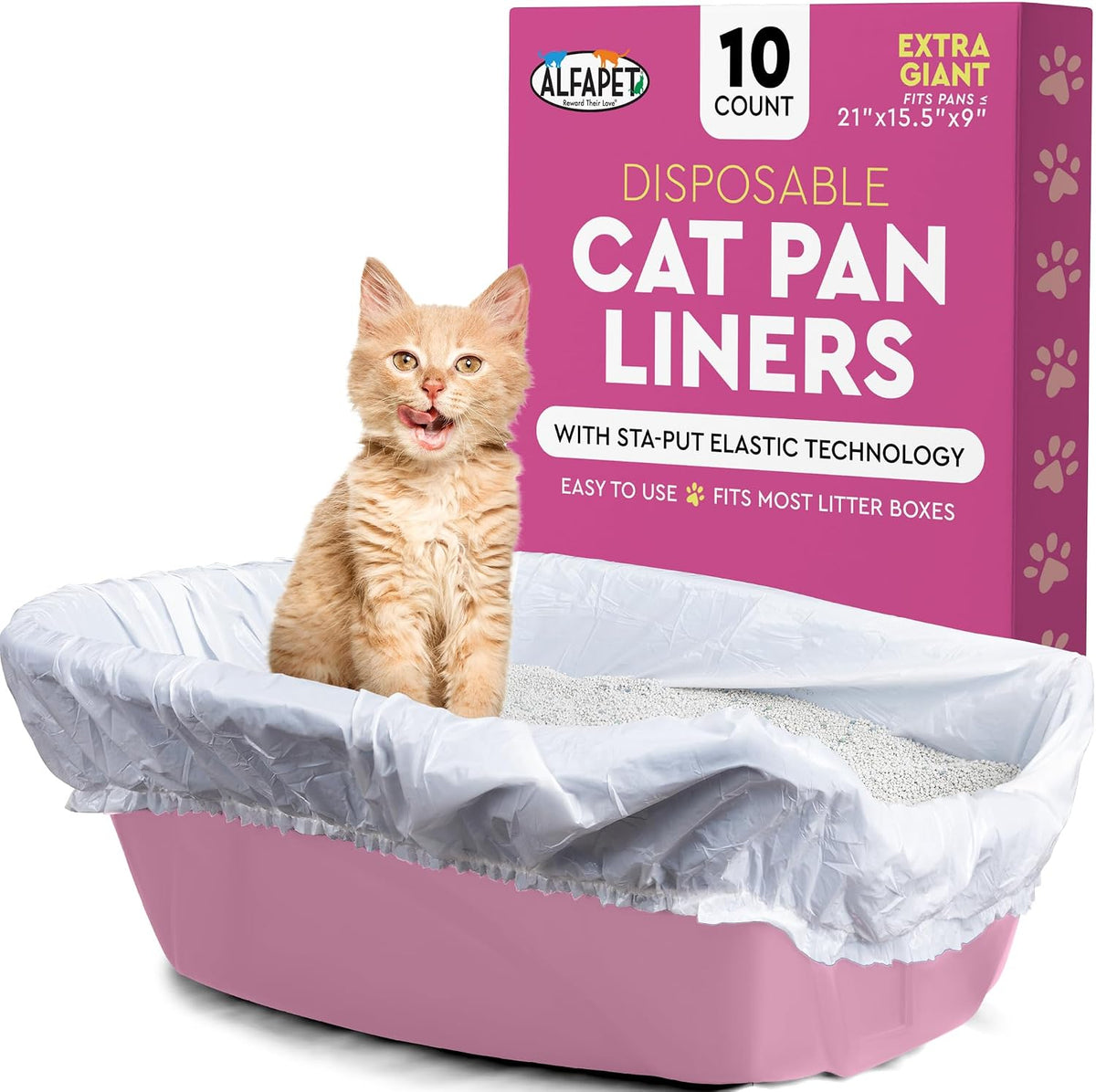 Alfapet Elastic Cat Litter Box Liners - Extra Giant 10 Count - Tear-Resistant Cat Litter Bags - Waterproof Kitty Litter Liners - Fits Litter box Pan Sizes XL, Giant, X-Giant, 37" x 18", 20 lb Capacity