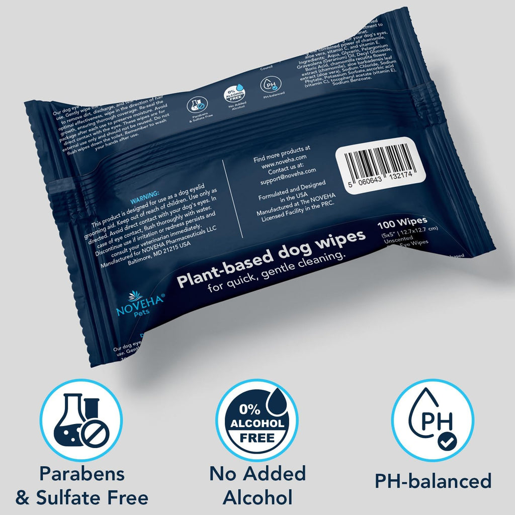 NOVEHA 100PCs Dog Eye Wipes - Tear Stain Remover for Dogs - Formulated with Chamomile and Aloe to Remove Eye Debris, Tear Stains & Eye Discharge - Plant Based, Safe, and Large 5"x5" Unscented Wipes