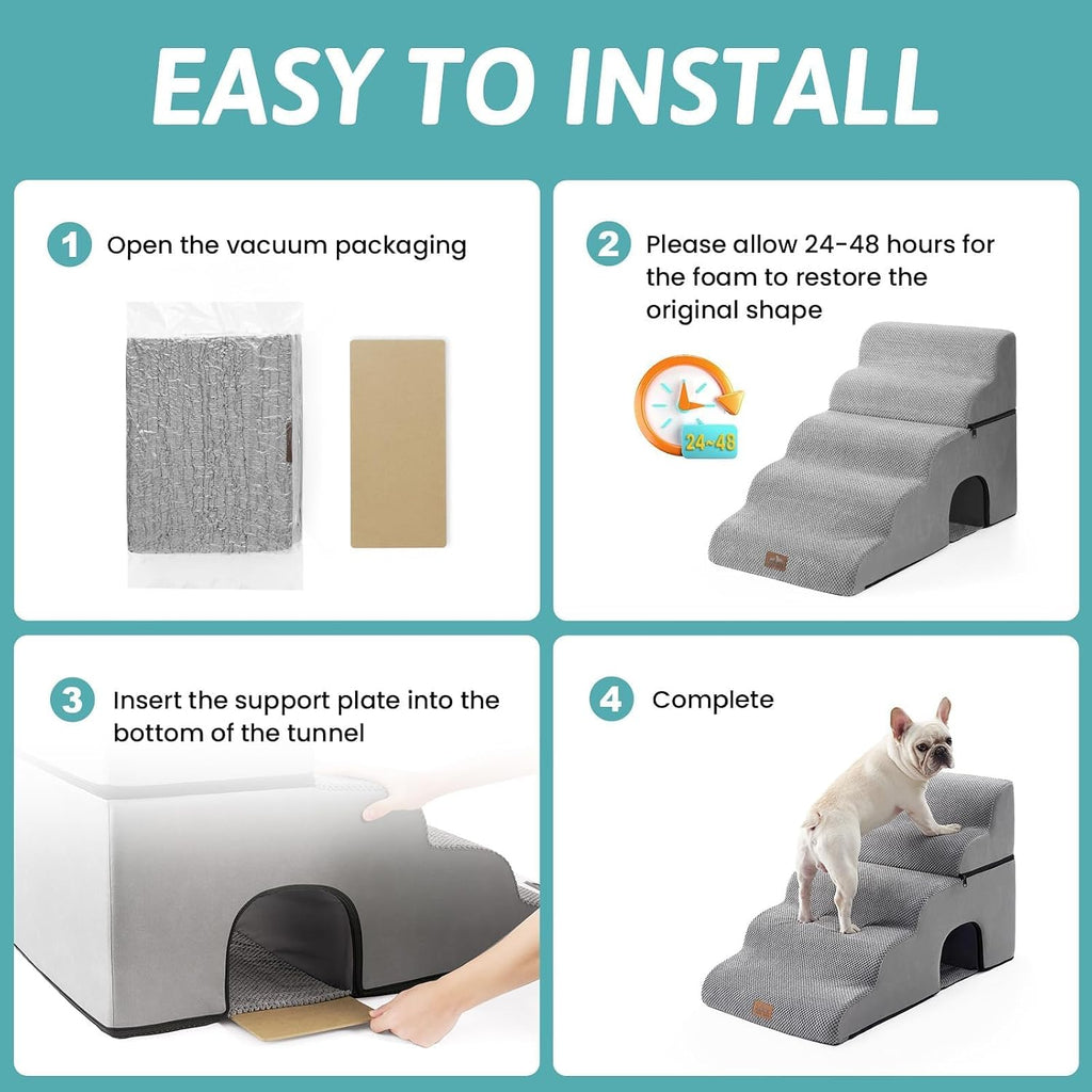 COZY KISS Extra Wide Small Dog Stairs with Tunnel, Pet Step for Bed, Grey