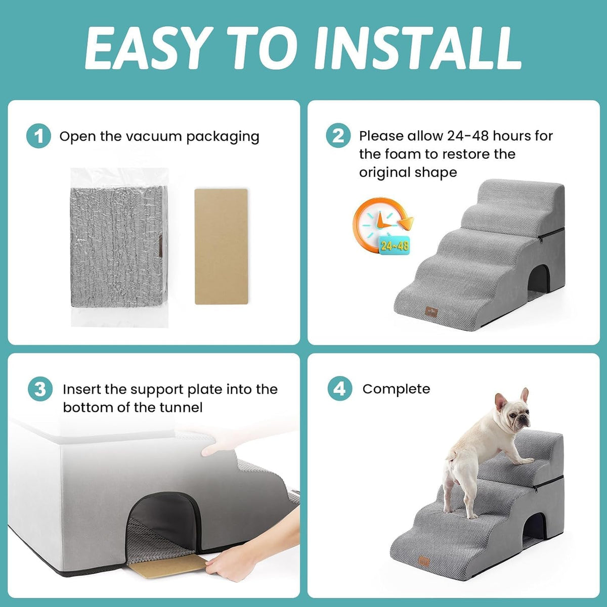 COZY KISS Extra Wide Small Dog Stairs with Tunnel, Pet Step for Bed, Grey