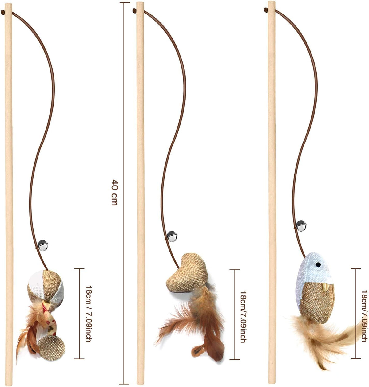 KABB Cat Toys for Indoor Cats, 3pcs 16 Inch Natural Wood Cat Teaser Wand Toy with Teaser Refills for Cat Kitten Having Fun Exerciser Playing, Bonus 5pcs Catnip Sticks for Cat Teeth Cleaning