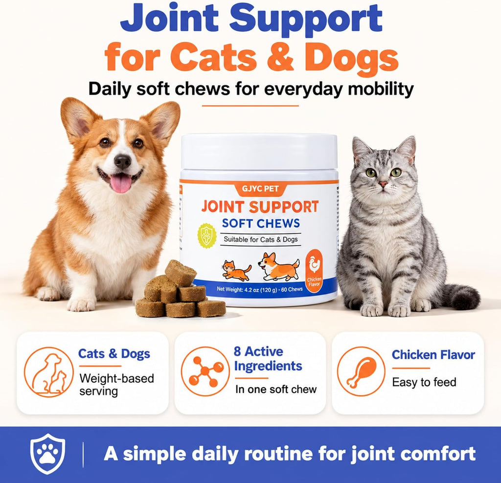Glucosamine for Cats & Dogs - Hip & Joint Supplement Soft Chews with Chondroitin, MSM, Green-Lipped Mussel & Hyaluronic Acid - Mobility Support for Senior Pets, Chicken Flavor, 60 Count