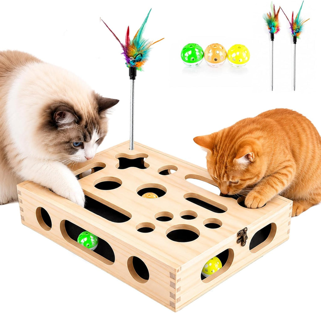 Large Cat Nail File Box, Sturdy Wood with 3 Small Balls & 2 Cat Teaser