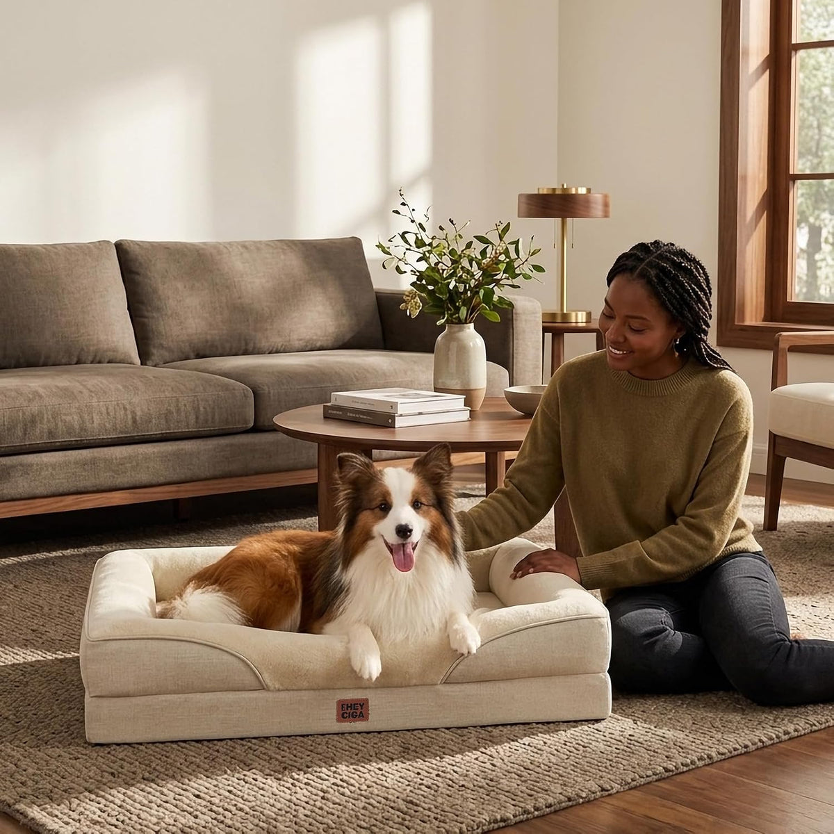 EHEYCIGA Orthopedic Dog Bed for Large Dog, Memory Foam Dog Couch, Beige