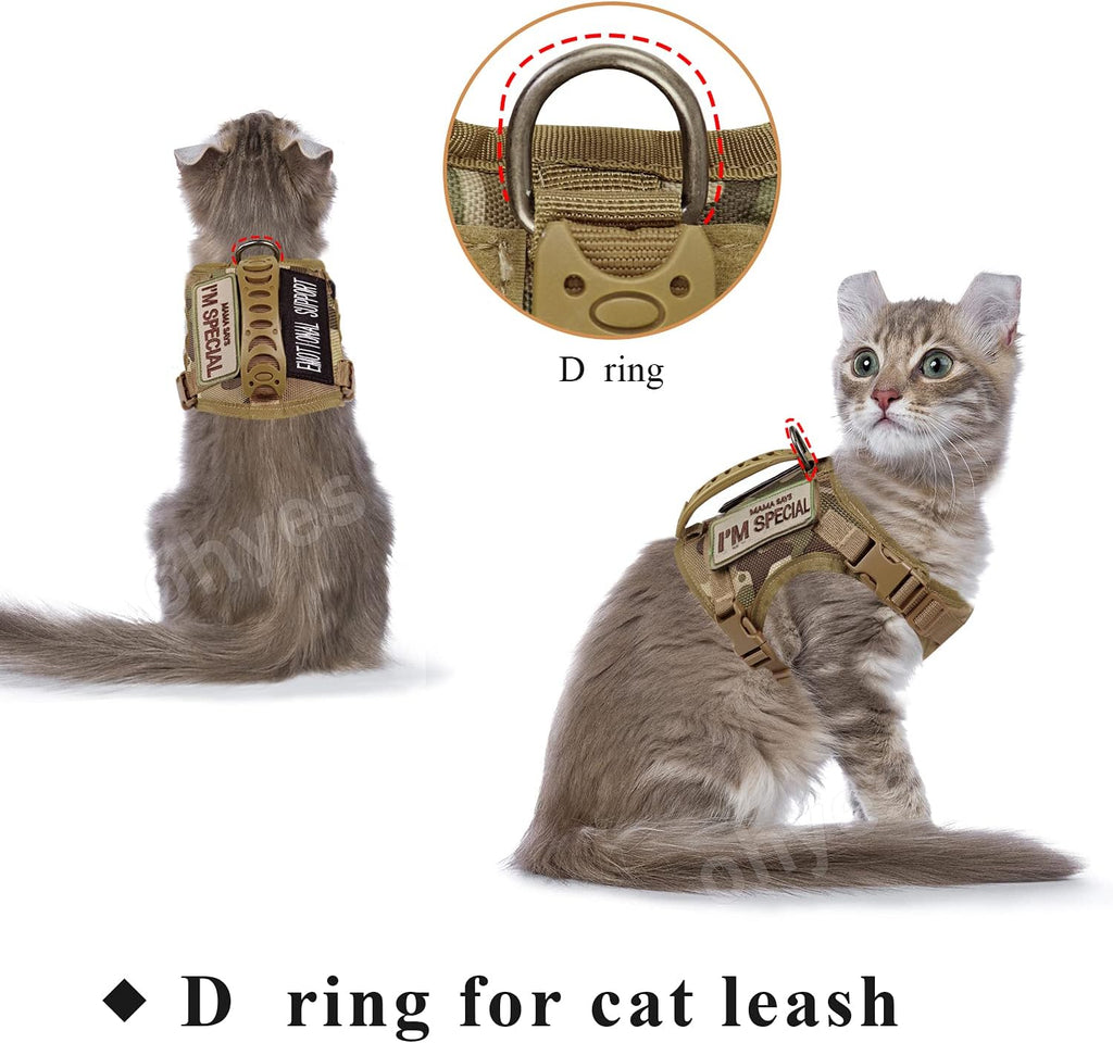 Tactical Cat Harness for Walking Escape Proof, Soft Mesh Adjustable Pet Vest Harness for Large Cat,Small Dog (L, Khaki)