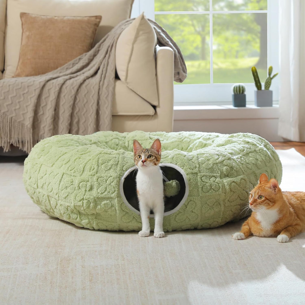 PEQULTI Green Donut Cat Tunnel Bed Washable Plush Mat for Multi Small Pets