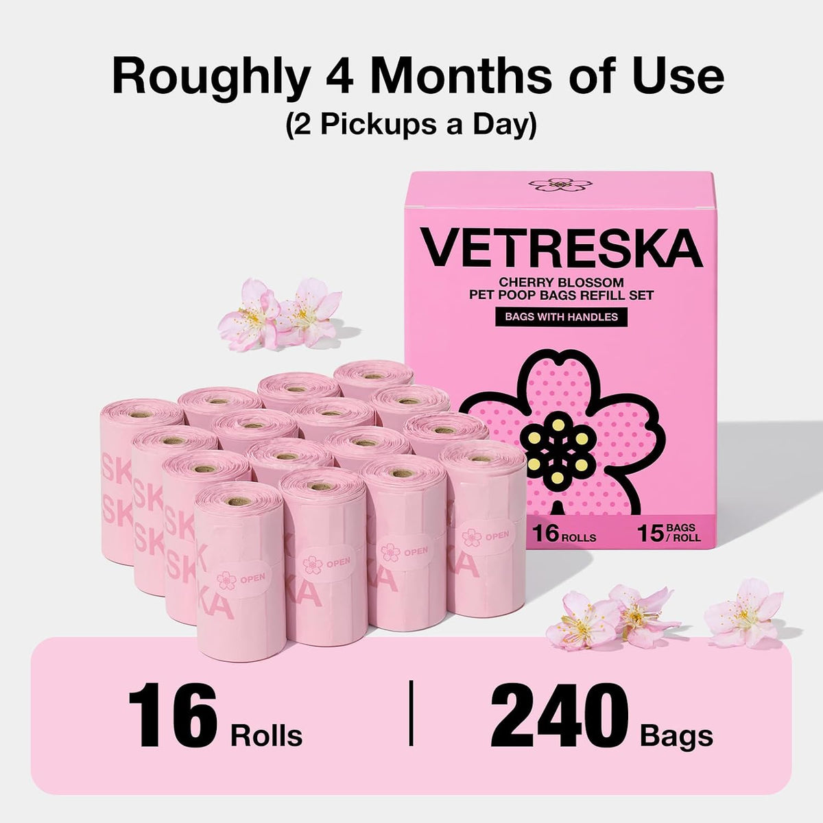 VETRESKA Dog Poop Bags with Handles 240 Count, Floral Scented Waste Bags | Leak-Proof Thick Dog Bags for Poop, Easy-Tie Large Poop Bags, 16 Refill Rolls for Dog Walking Cat Litter