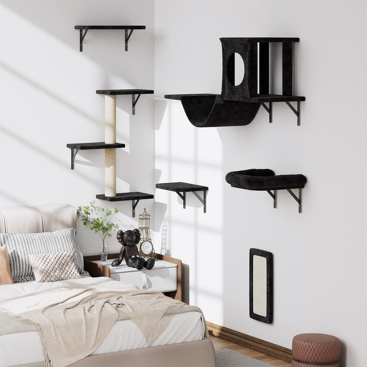 Cat Wall Shelves, 6 Pcs Luxury Wall-Mounted Cat Climber Shelves, Black