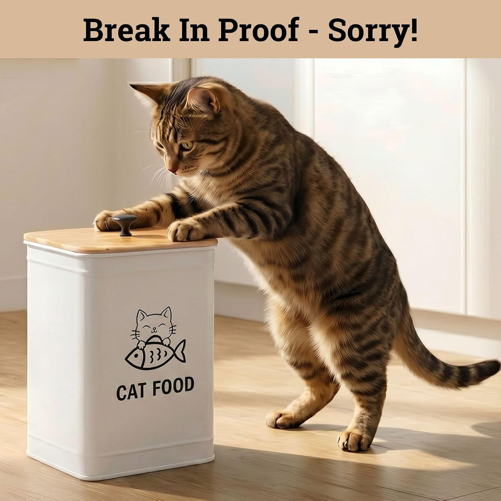 Metal Cat Food Container with Scoop 5-7 lb (25 Cup), w/ Airtight Bamboo Lid