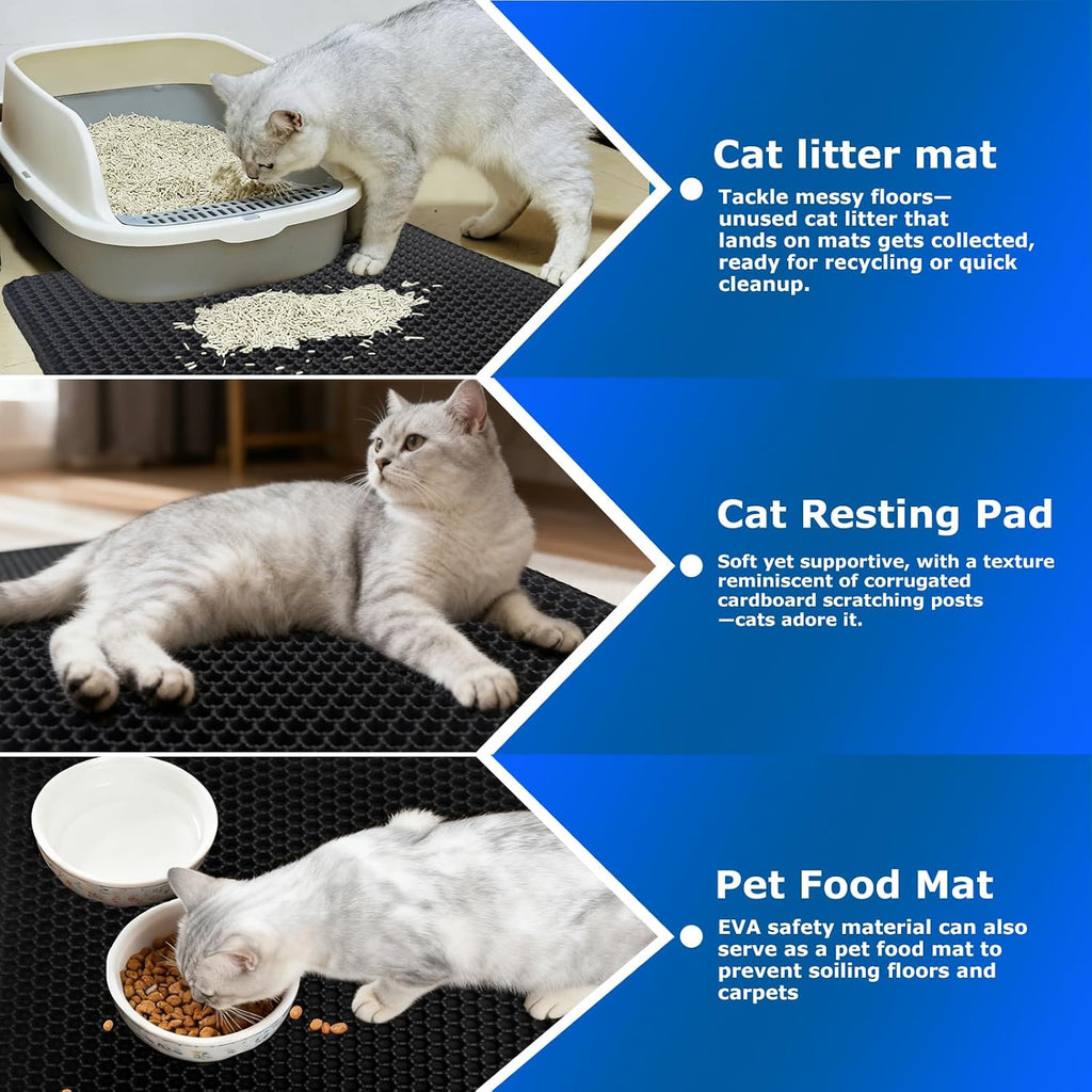 Cat Litter Box Mat,Double-Layer Honeycomb Litter Trap 35"x24" Black | Catches Scattered Particles to Stop Tracking,Waterproof Design Urineproof Base Protects Floors, Easy to Clean, Indoor Cats
