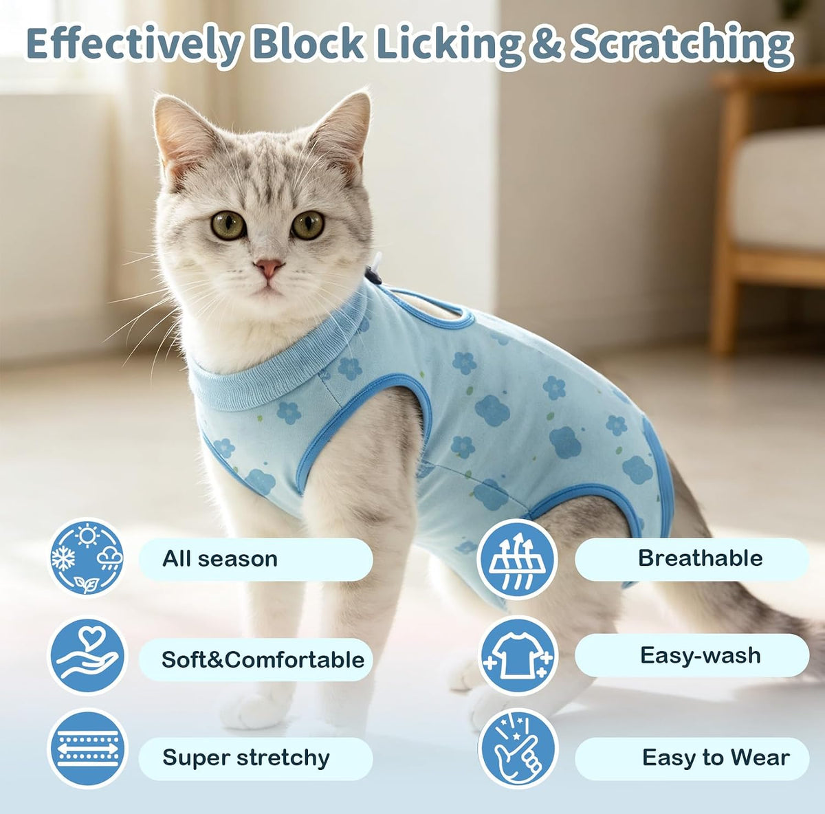 Cat Recovery Suit, Breathable Spay Suit for Female Cat Anti Licking, Blue L