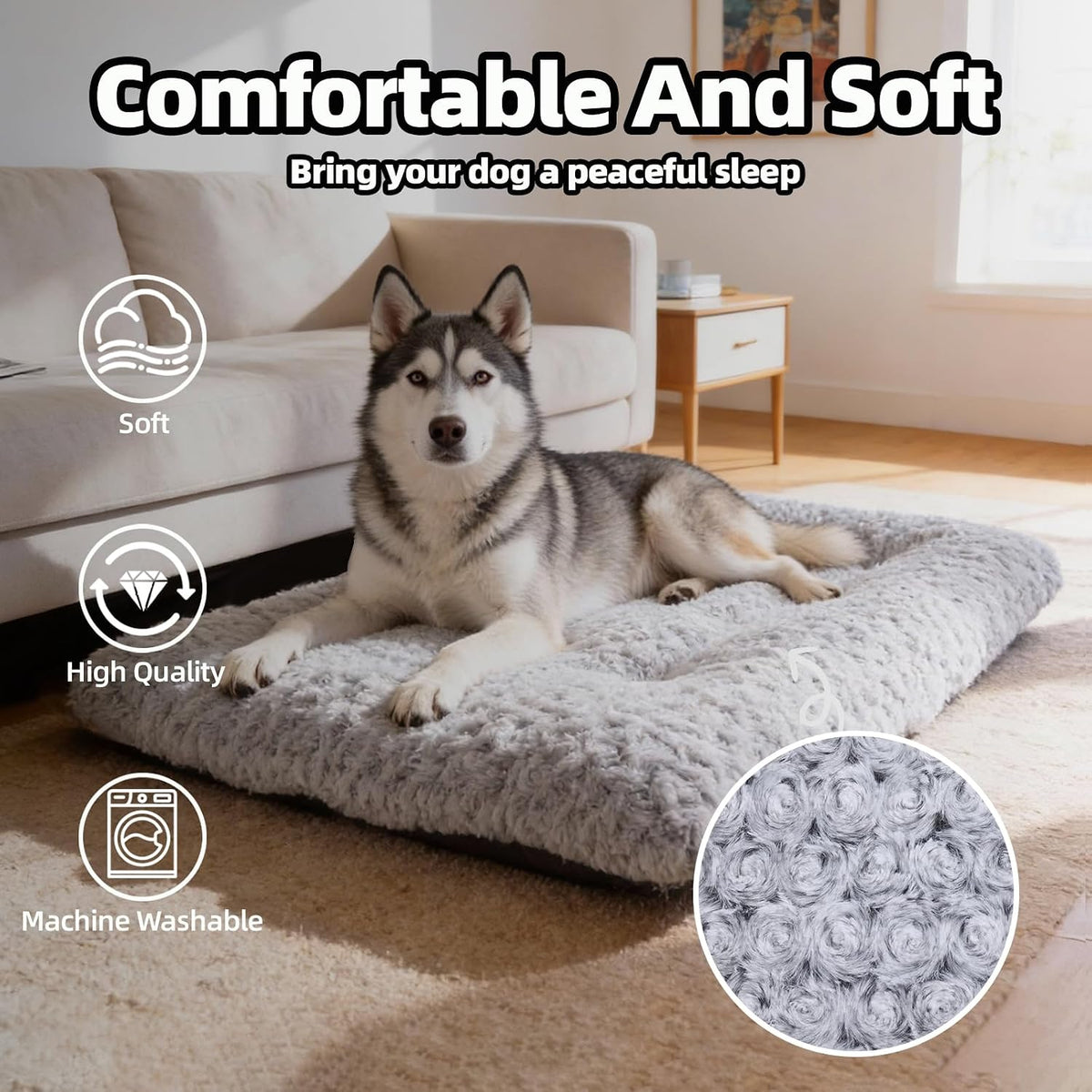 Dog Bed Large Size, Plush Washable Pet Bed Mat, Dog Crate Bed 41"x27" Gray