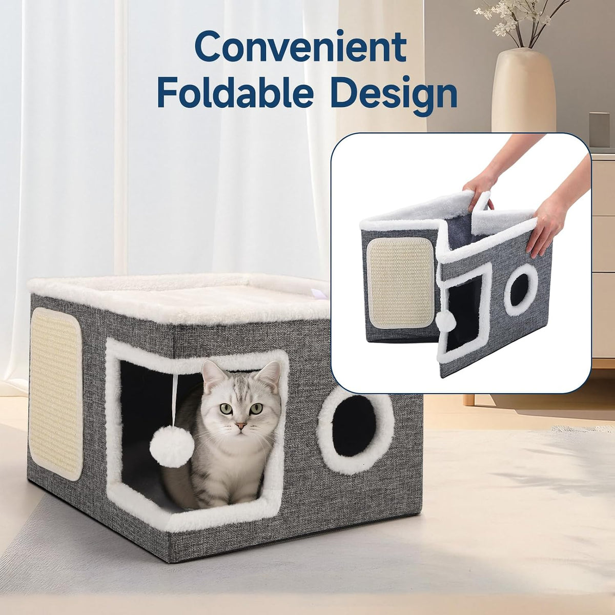 Shikha Cat House Bed for Indoor Cats with Fluffy Ball and Scratch Pad Grey