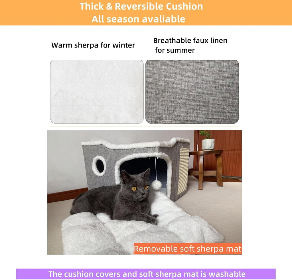 Cat House Bed for Indoor Cats with Fluffy Ball and Scratch Pad,Light Grey