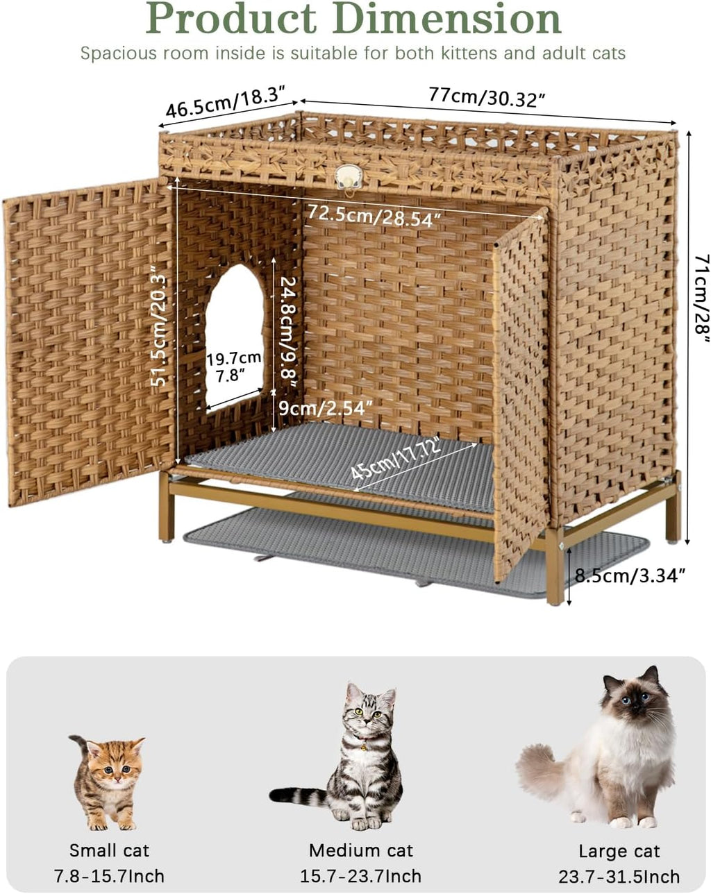 SETVSON Cat Litter Box Enclosure Furniture, Rattan PE Kitty House, Natural | Handwoven PE Rattan with 2 Soft Mats, Heightened Metal Feet, 2 S-Hooks, 30.3 x 18.3 x 28 In Spacious Interior Kitty Cabinet