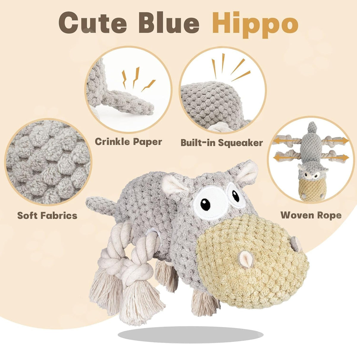 TOOPTATE Hippo Squeaky Dog Toy, Gray, Medium | Cute Plush Design, Rope Legs for Tugging, Helps Keep Dogs Busy, Suitable for Small, Medium, and Large Dogs