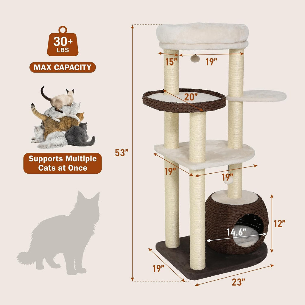 KAMABOKO Modern Cat Tree Tower, 54" Tall for Indoor Cats
