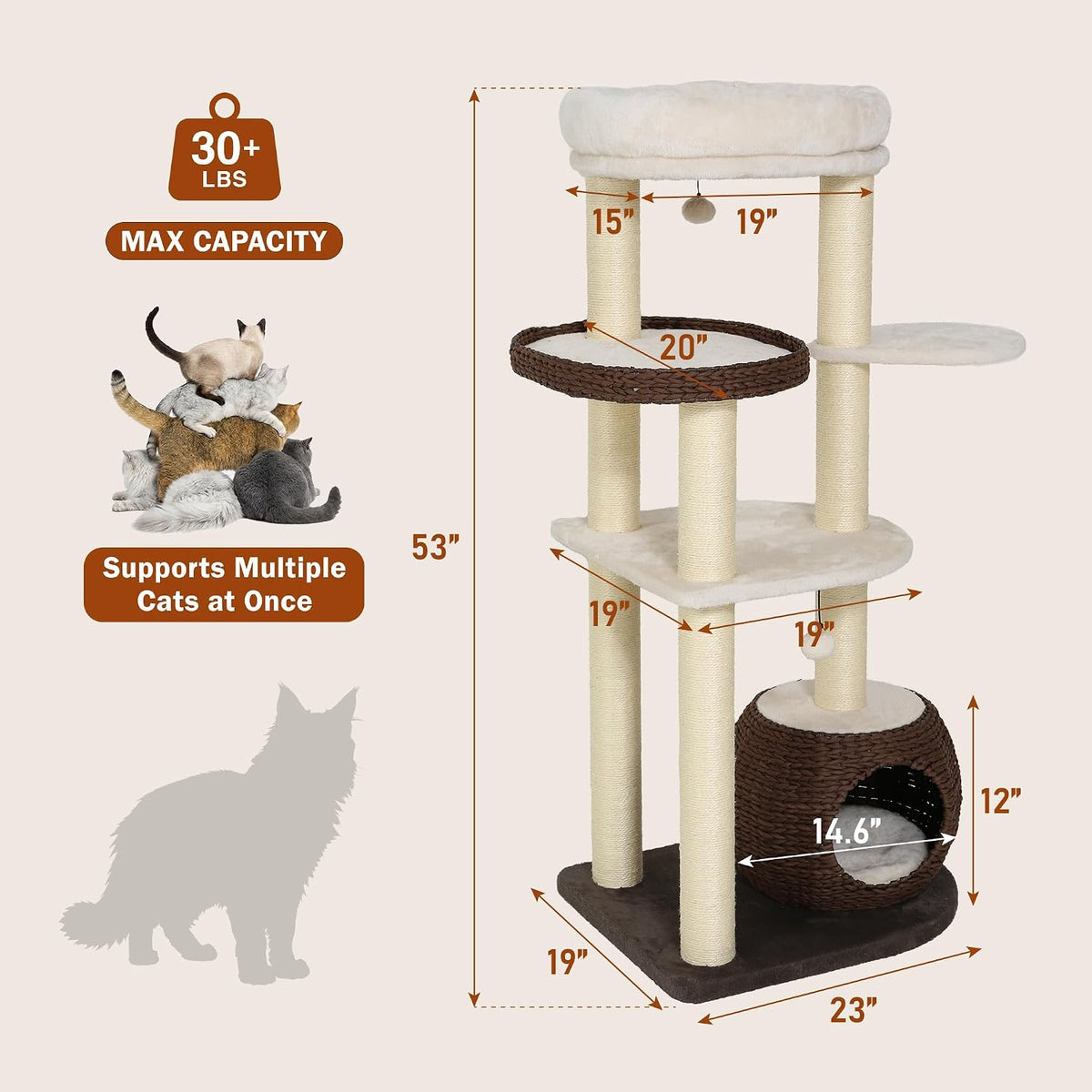 KAMABOKO Modern Cat Tree Tower, 54" Tall for Indoor Cats