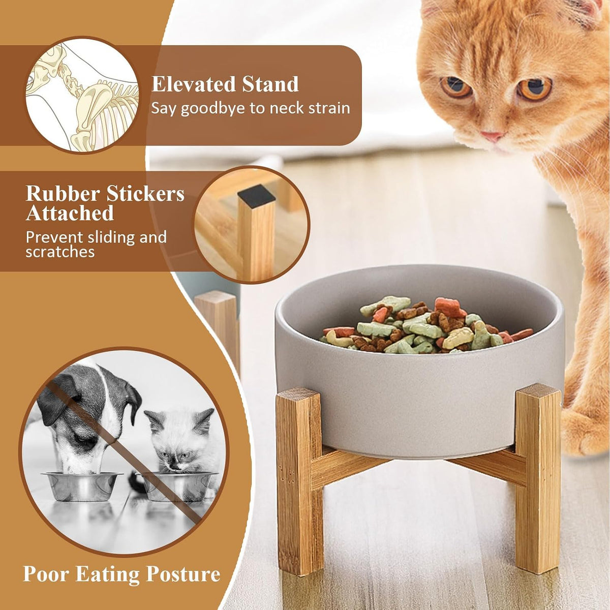 Elevated Ceramic Cat Bowl - Cat Food Bowl with Bamboo Stand - Raised Dog Dish for Puppies - Anti Vomiting, Stress Free - 13.5 oz / 400 ml - White 