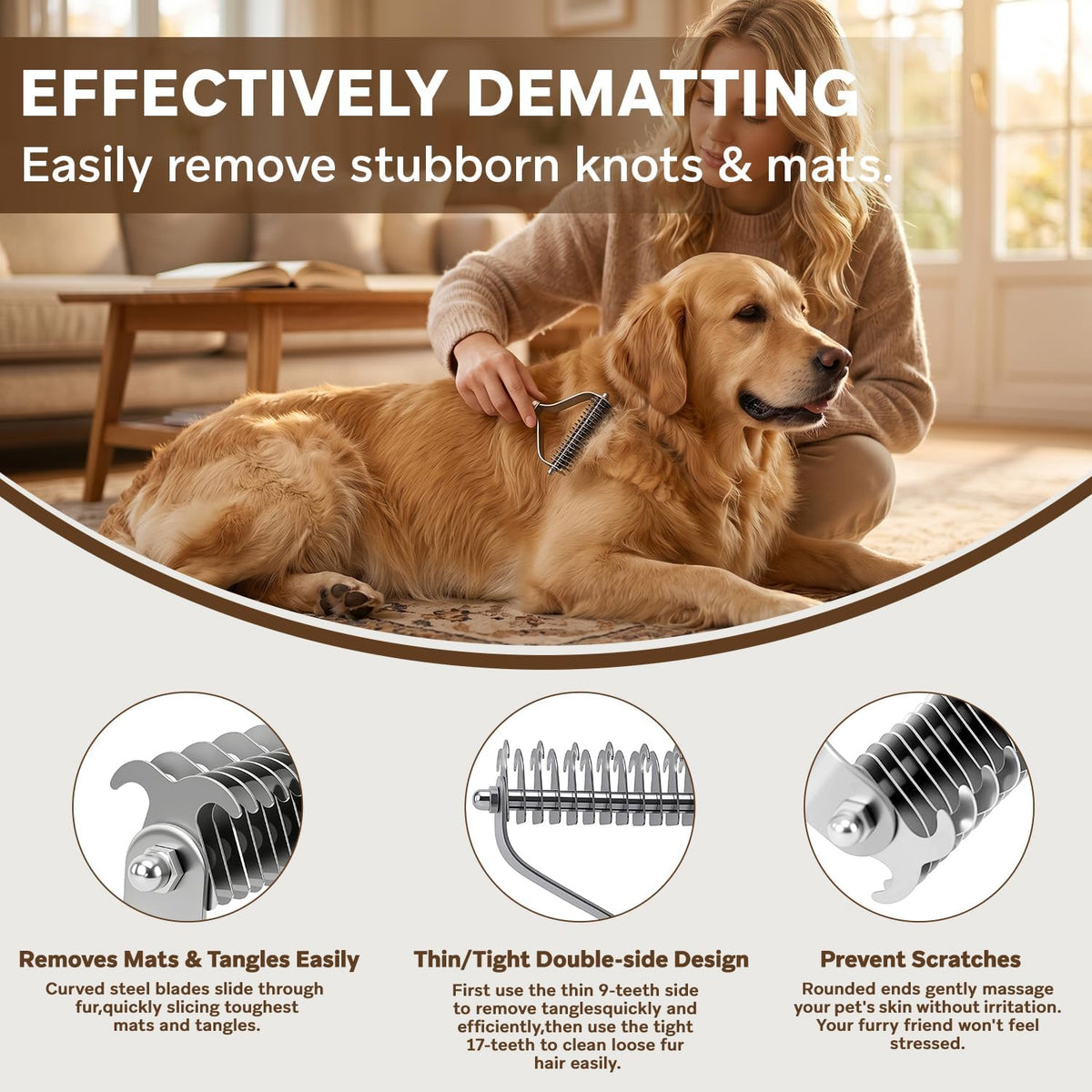 Undercoat Rake for Dogs - Professional Pet Shedding Dematting Comb with Wood Handle, Stainless Steel Blades for Pet Cats Dogs Matted Hair Tangles Removing