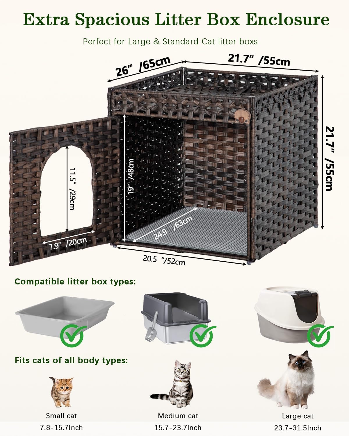 SETVSON Cat Litter Box Enclosure, Large PE Rattan Side Table, Brown