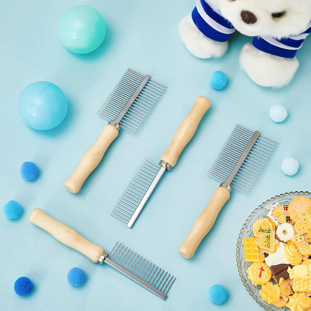 2 Pcs Pet Grooming Combs, Double Side Metal with Wooden Handle