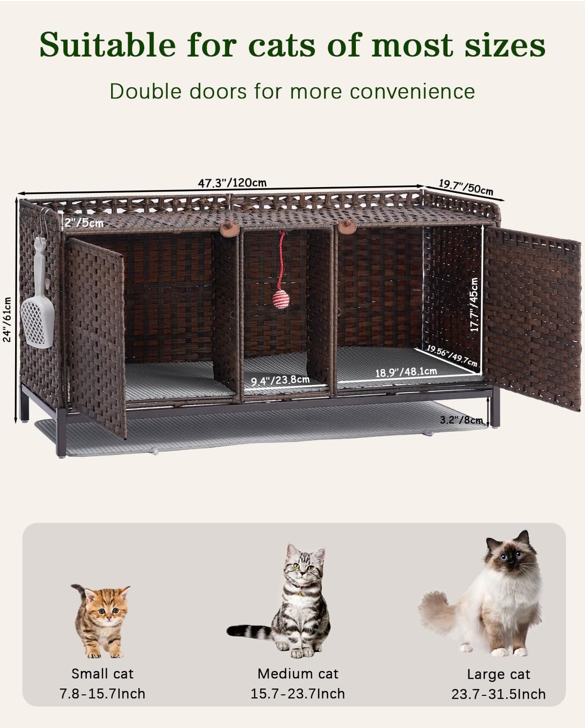SETVSON Cat Litter Box Enclosure for 2 Cats, Litter Box Furniture, Brown | Beautiful Decorative Furniture Look, Sturdy Iron Frame, 3.2" Heightened Feet, Double Mats, S-Hooks Included, Double Doors