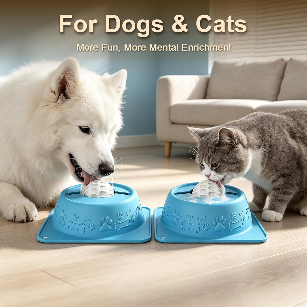 Slow Feeder Lick Bowl for Dogs and Cats, Anti-Slip Pet Water Bowl with Smooth Rolling Ball, No Spill Bowl for Water, Bone Broth, Yogurt & Pumpkin Puree, for Large Pets, Light Blue