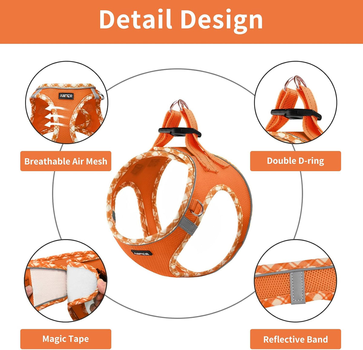 AMTOR Small Dog Harness with Leash Set, No Escape Easy Walk Puppy Harnesses for Training Walking, Step-in Reflective Soft Dogs Vest for XS S Medium Extra-Small Large Sized Dog(Orange/White,XXS)