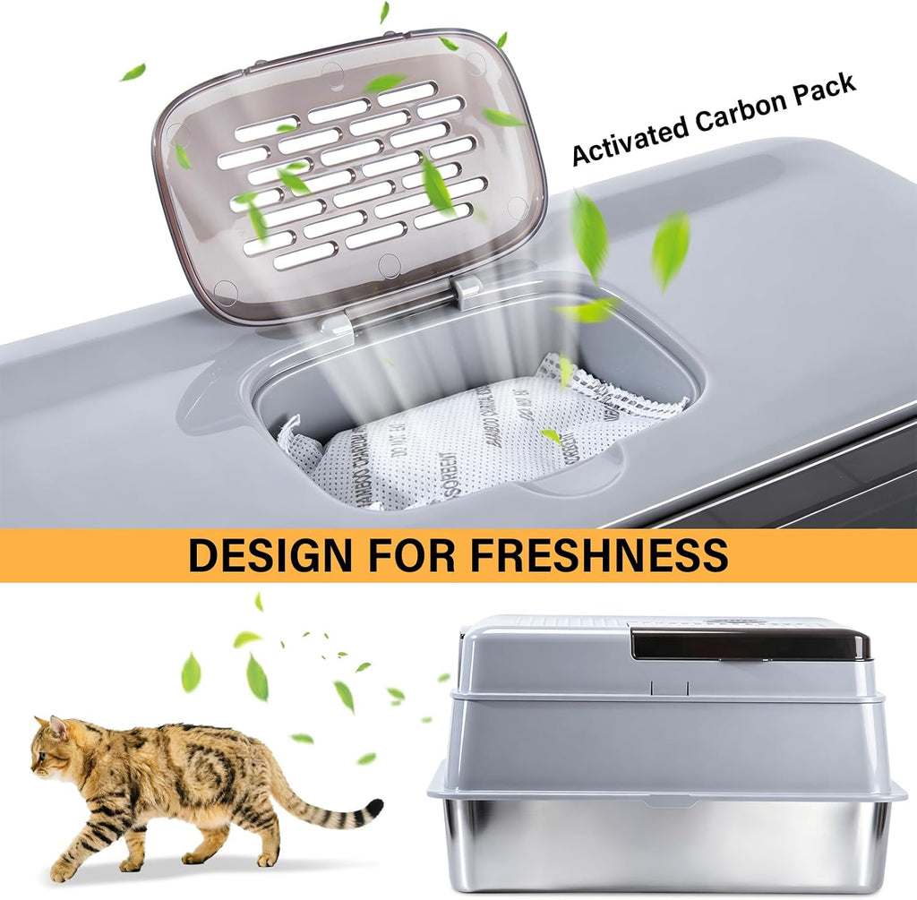 Stainless Steel Litter Box with Lid XXXXL,Metal Cat Litter Box | 3IN1 High Sides Covered for Big/Multiple Cats,Indoor,1-Mat and 1-Scoop,Easy to Clean, No Odor,Anti-Urine Leakage