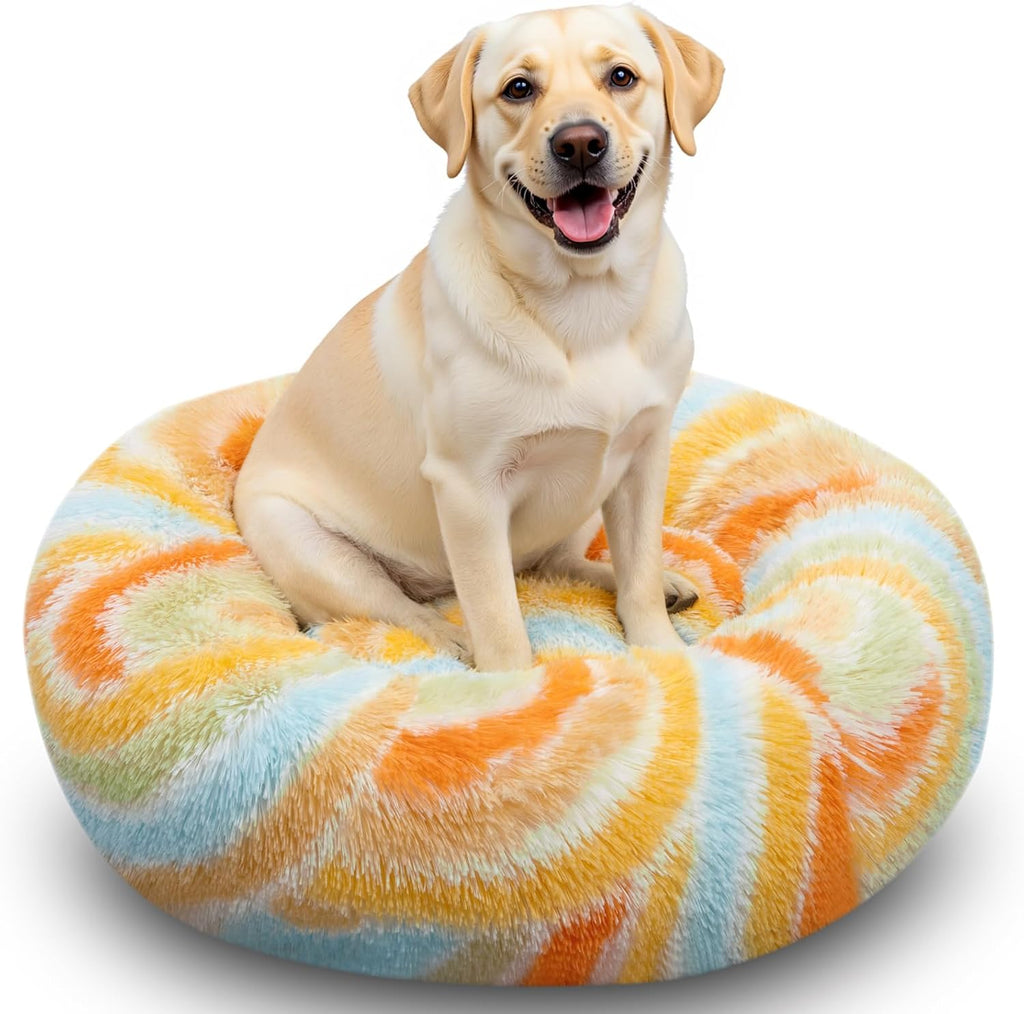 Calming Soft Round Dog & Cat Bed, Donut Cuddler Warming Cozy Fluffy Plush Cushion Beds for Small Medium Sized Dog and Cat