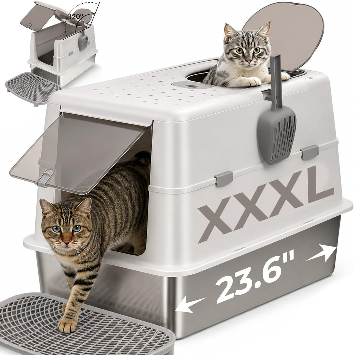 Stainless Steel XXL Cat Litter Box with 120° Lid, Enclosed Top Entry High-Sided Anti-Leak Cat Box, Dog Proof Litter Box for Multiple Cats, Includes Litter Step & Scoop