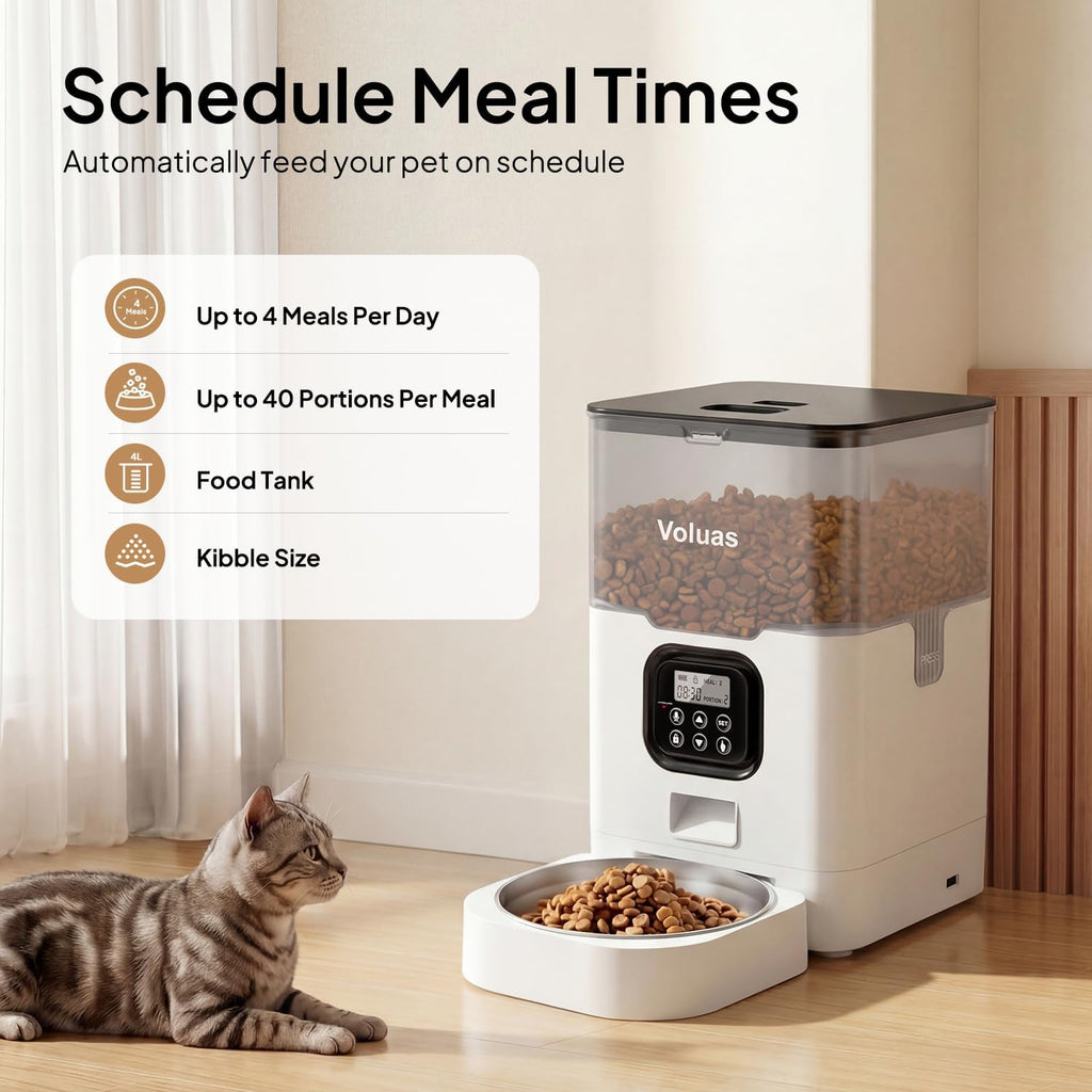 VOLUAS Automatic Cat Feeder, 4L Timed Dry Food Dispenser for Cats & Dogs